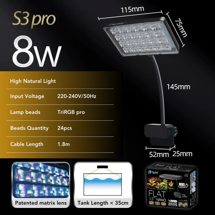 Neo Helios Flat Nano S3 Pro (8Watts) High Brightness Vivid Solar Color 10000K | Clip on Back Planted Aquarium Fish Tank Light