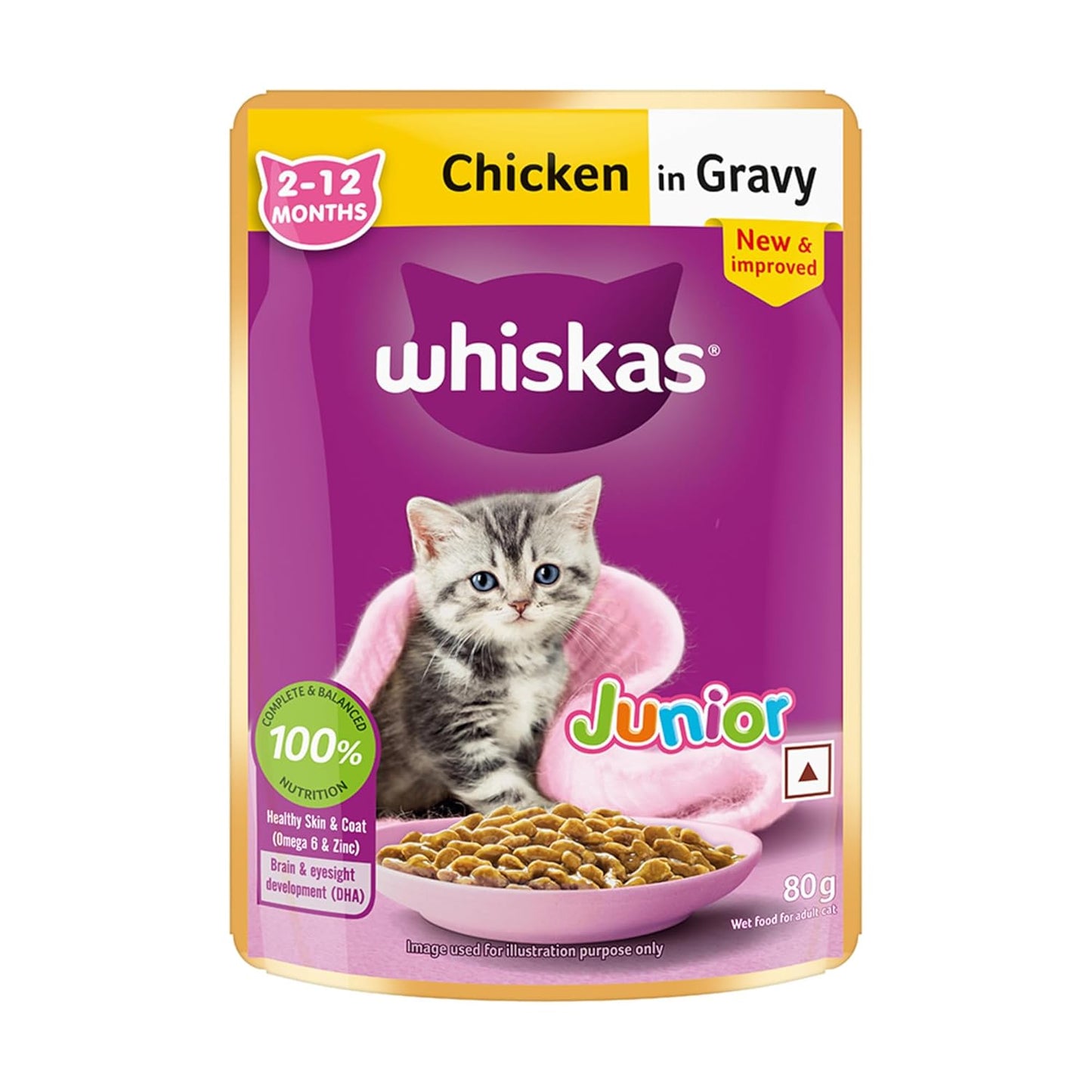 Whiskas Junior Kitten (2-12 Months) Wet Cat Food, Chicken in Gravy, 80 g (Pack of 14), Hydrating Food Made With Real Chicken, 100% Complete & Balanced Nutrition for Kittens