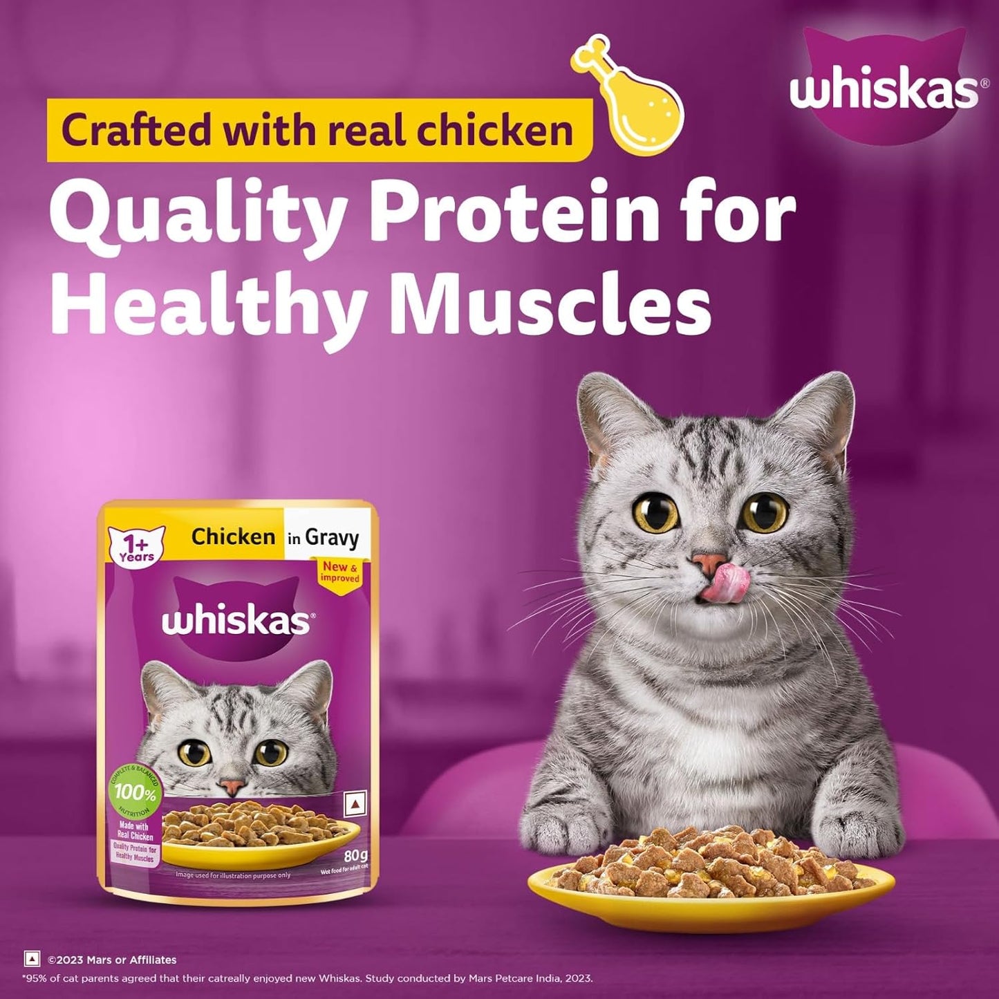 Whiskas Adult (1+ Years) Wet Cat Food, Chicken in Gravy, 80 g (Pack of 14), Hydrating Food Made With Real Chicken, 100% Complete & Balanced Nutrition for Adult Cats