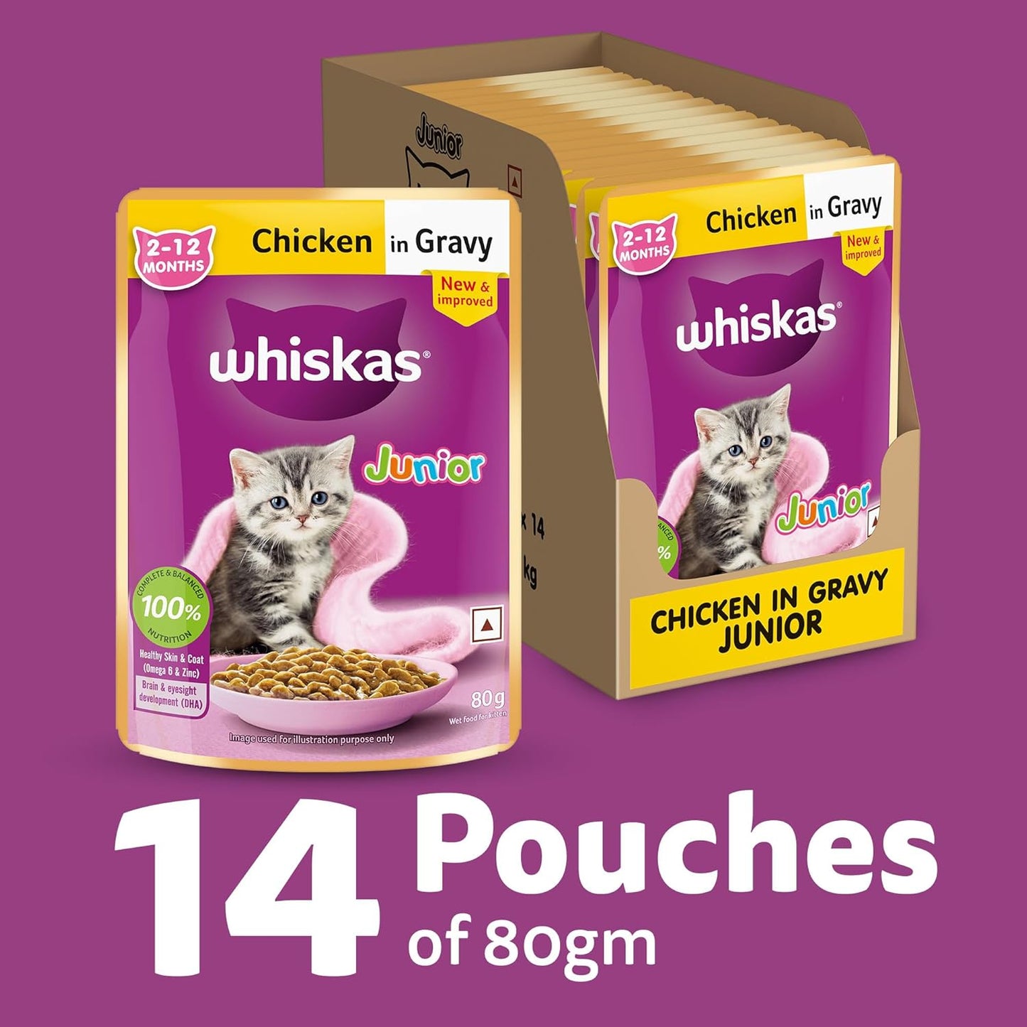 Whiskas Junior Kitten (2-12 Months) Wet Cat Food, Chicken in Gravy, 80 g (Pack of 14), Hydrating Food Made With Real Chicken, 100% Complete & Balanced Nutrition for Kittens