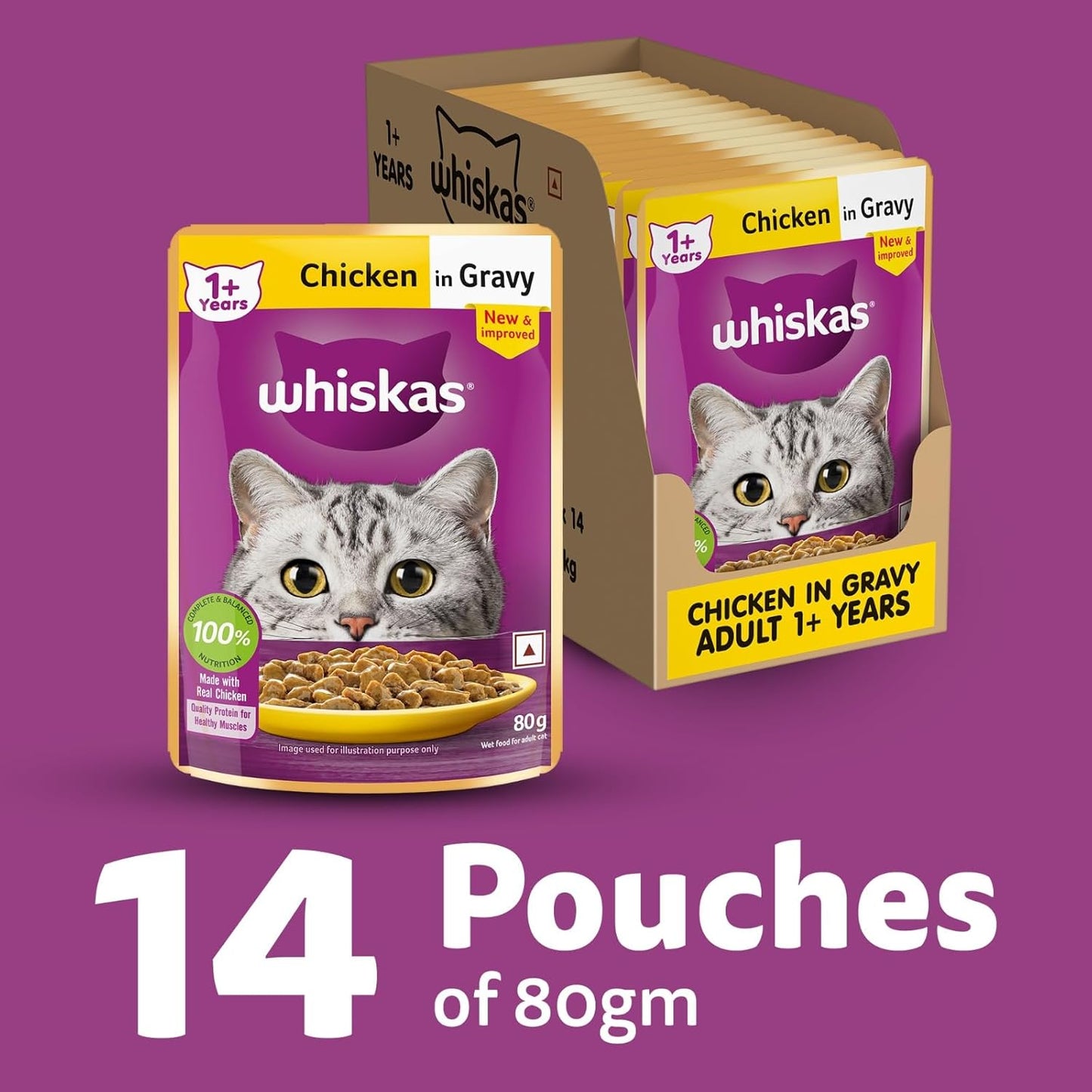 Whiskas Adult (1+ Years) Wet Cat Food, Chicken in Gravy, 80 g (Pack of 14), Hydrating Food Made With Real Chicken, 100% Complete & Balanced Nutrition for Adult Cats