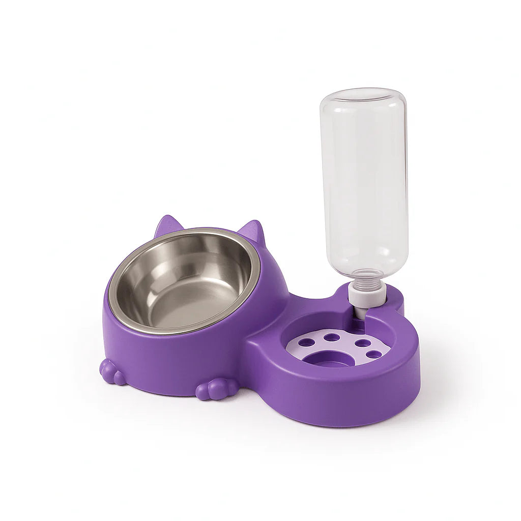 Dual Pet Bowl with Water Dispenser – Cute Cat Design