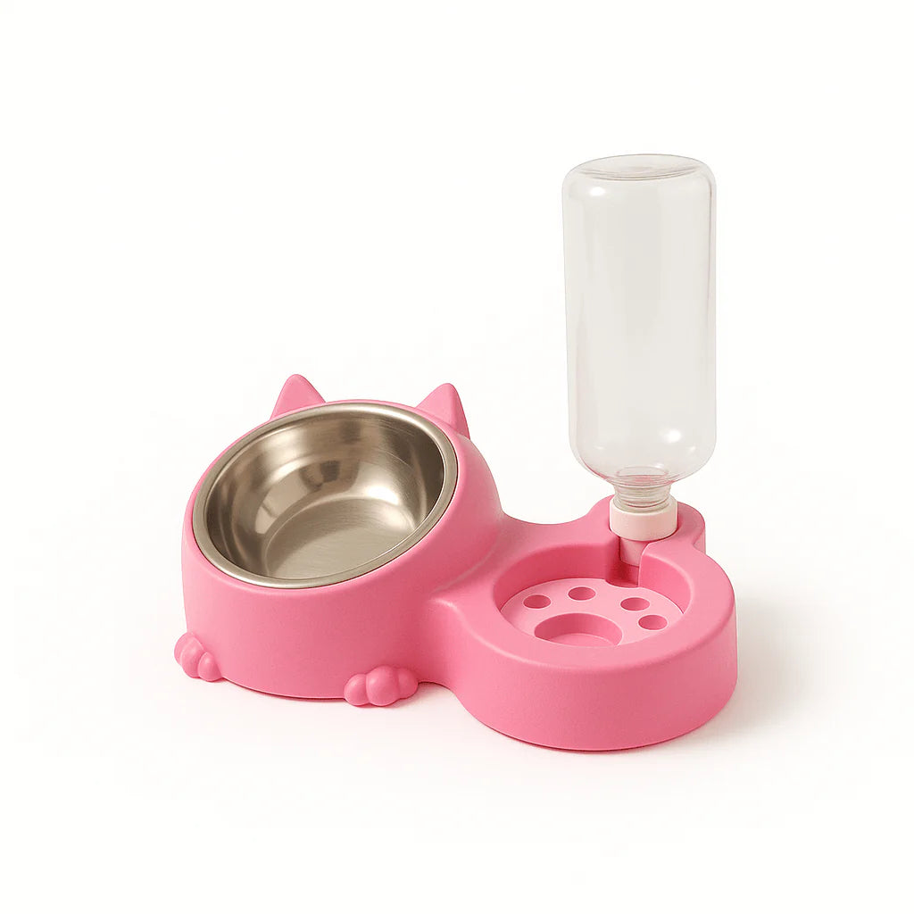 Dual Pet Bowl with Water Dispenser – Cute Cat Design