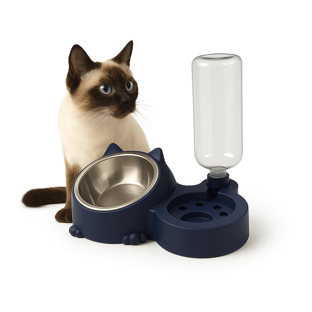 Dual Pet Bowl with Water Dispenser – Cute Cat Design